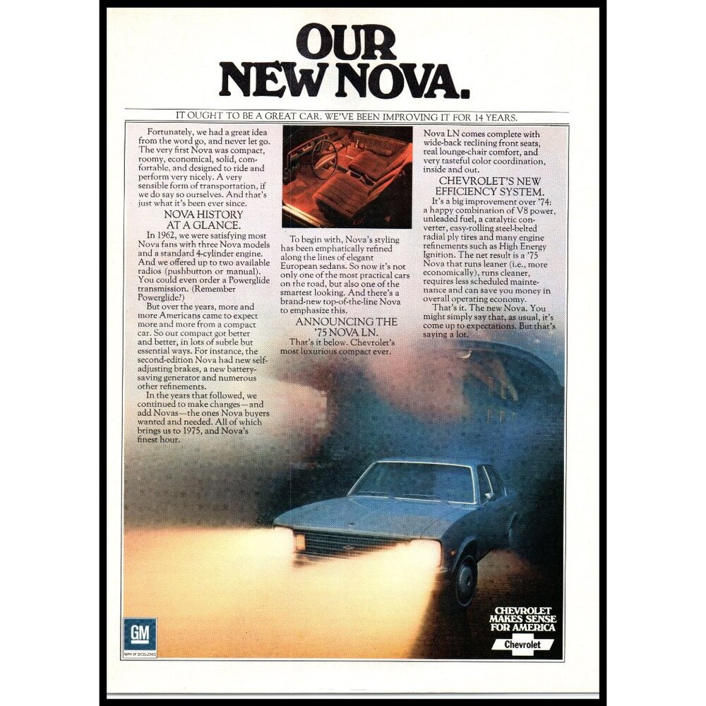 1975 Chevy Nova LN Sedan Vintage Print Ad Foggy Rain Headlights Wall Art